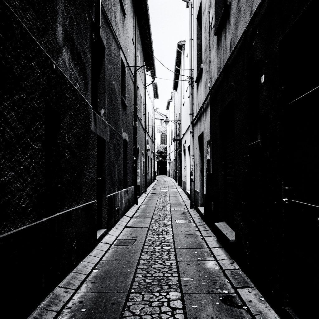 A narrow London alley at dusk, deep charcoal shadows stretching across worn brick in two-tone duotone
