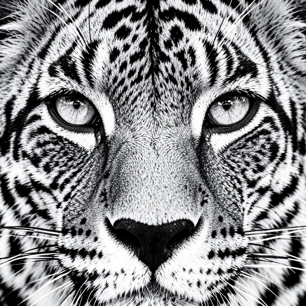 A close duotone study of intense panther eyes emerging from deep shadow, charcoal and cream tones