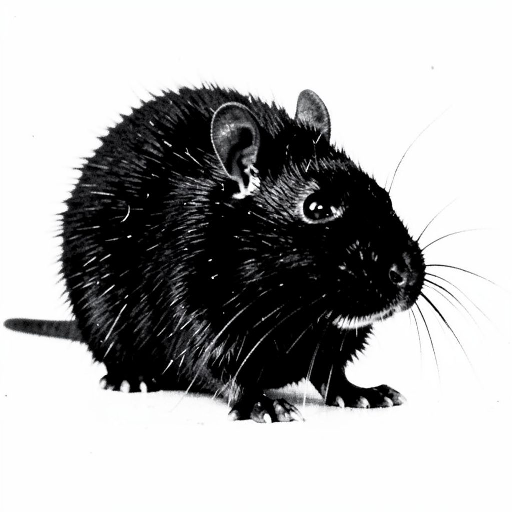 A black rat silhouetted against cobblestones, rendered in hard charcoal and cream duotone